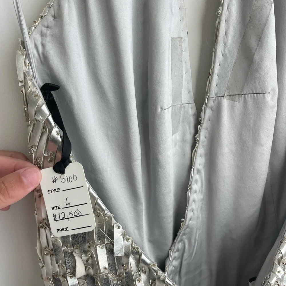 CD Greene Silver Faux Leather detailed halter gown with slit - Picture 5 of 8